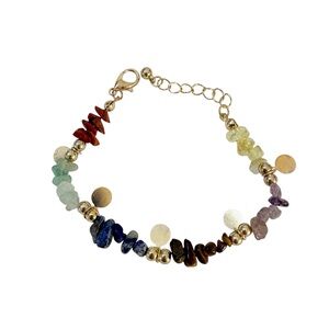 NEW Bracelet Beaded Gold tone natural colored stones 7” dainty boho